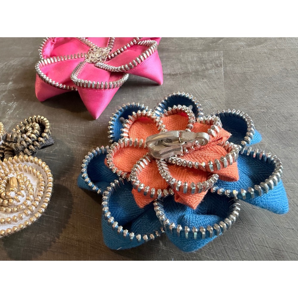 Handmade Zipper Flower Brooch Set 3pc Pink Blue Black White Upcycled
